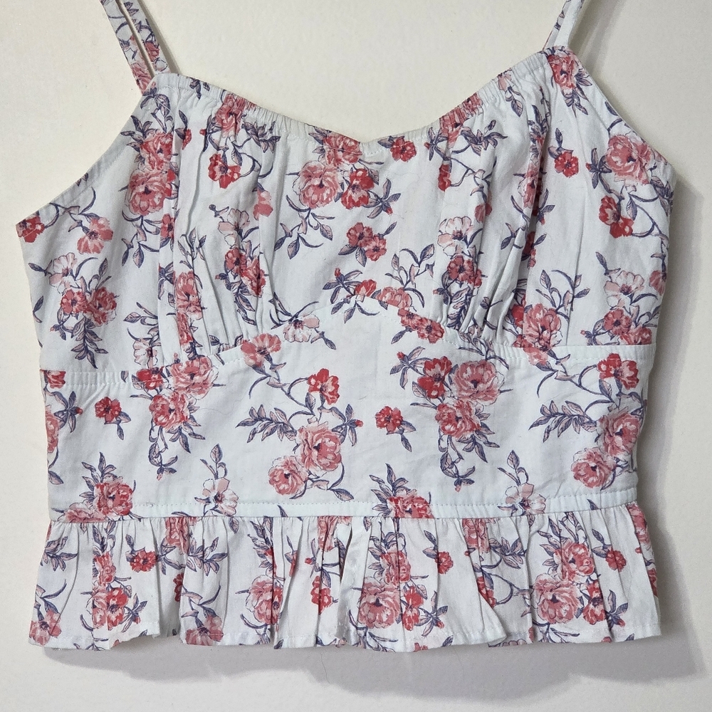 Blue+Pink Floral 100% Cotton Cropped Corset Ruffle Hem Smocked Tank S Coquette